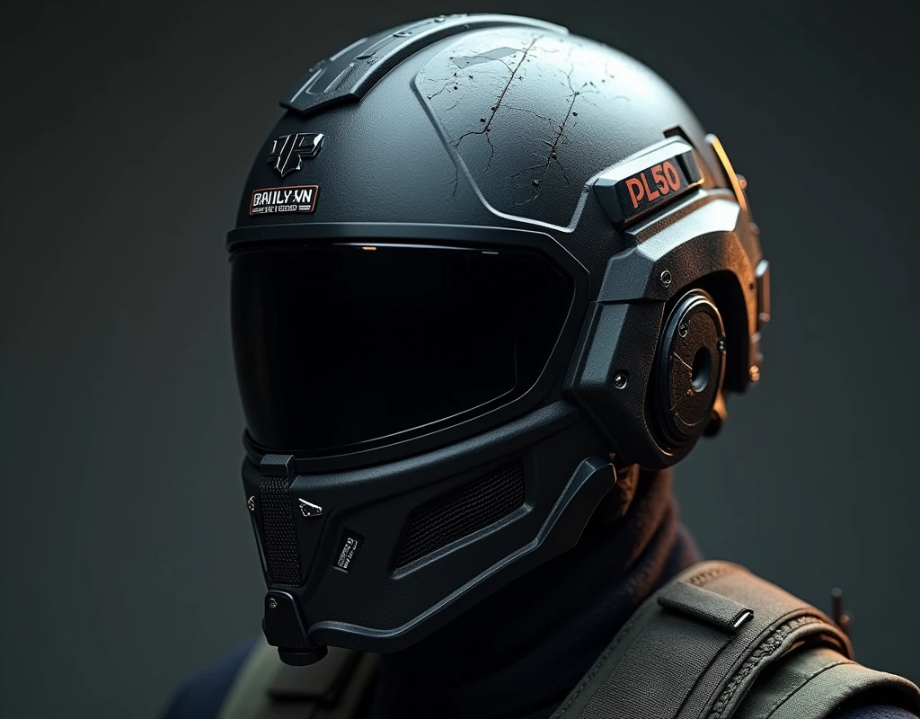 A highly detailed, photorealistic, 8K photograph of a custom-modified modern tactical kevlar helmet, studio lighting, hyperrealistic, masterful lighting and shading, cinematic composition, intricate textures, premium quality