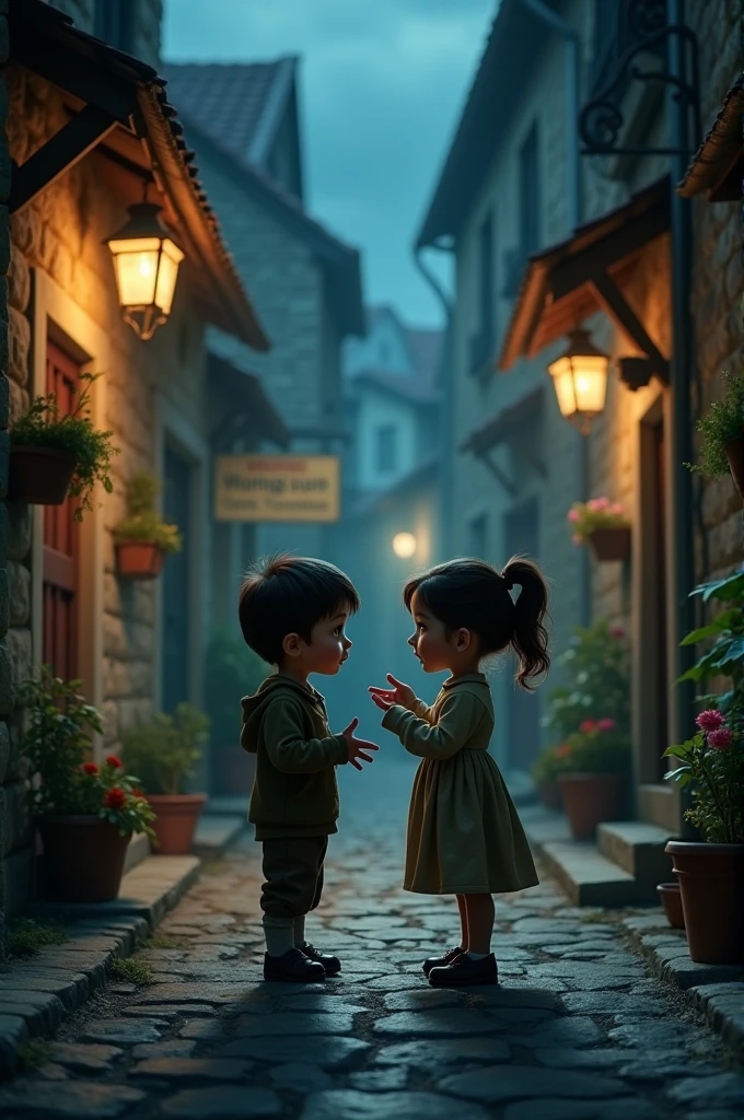 Two children talking in the village and dark street 