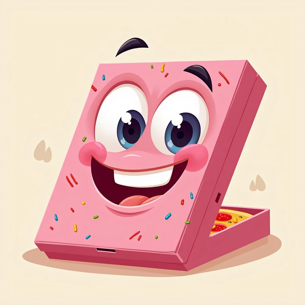 pizza packaging a pink box with decorative eyes and mouth