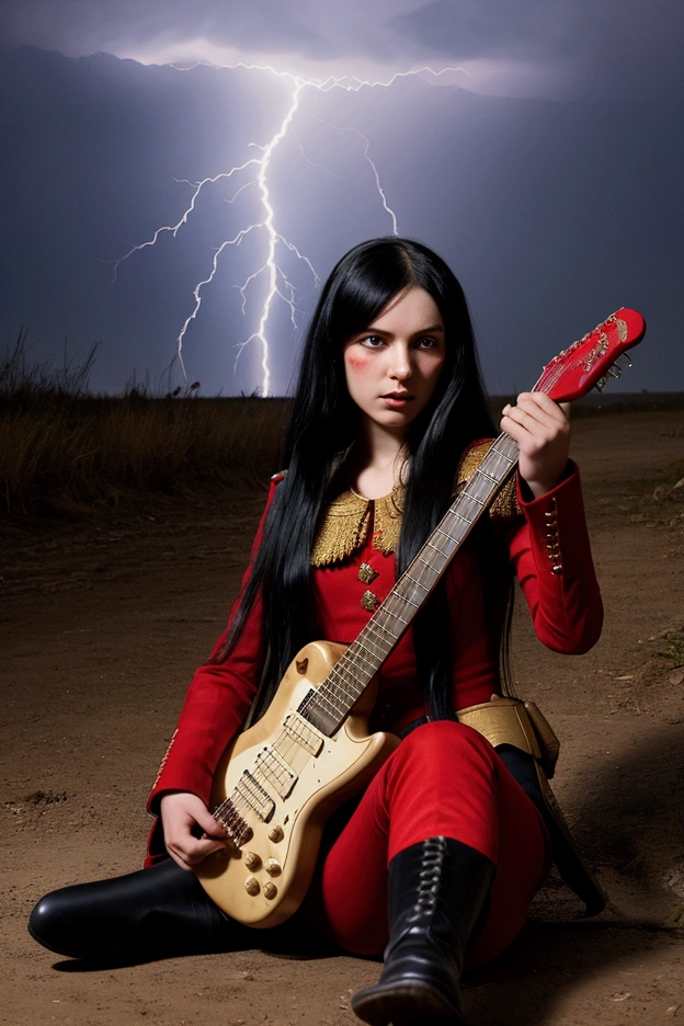 A girl with long black hair in a red suit of the Napoleonic wars, boots on her feet, guns are shooting, she plays an electric guitar, corpses of soldiers are lying on the battlefield, a thunderstorm is coming, lightning flashes on the floor