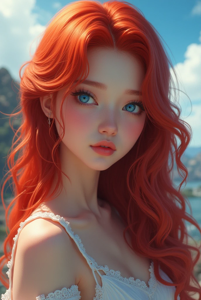 

"A young girl with red hair that reaches her back, with clear blue eyes that evoke the sky, and facial features that combine Chinese and Russian influences. Its build is stocky and measures approximately 1.45 meters high, giving the impression of being around 20 