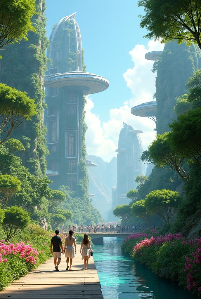 A vast utopian cityscape set in a futuristic world where nature and technology coexist in perfect harmony. Towering skyscrapers with organic designs are covered in vegetation, merging with lush and vibrant parks filled with exotic plants and trees. Floating vehicles glide silently through the air, while people stroll through clean, sunny streets, with transparent walkways that cross crystal-clear rivers. Solar panels and wind turbines are integrated into the buildings, reflecting a commitment to sustainable energy. The sky is a bright blue, with soft clouds and distant mountains adding a sense of grandeur to the landscape.