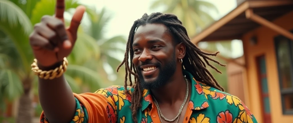vintage photography of a man as ((the ultimate warrior)) with ((box braids)) wearing (retro 70s clothes),dressed in textured fabric,tropical plants,blurred greenery,wooden structure,bright atmosphere,head tilted,hand raised,playful expression,frontal view,waist-up shot,soft lighting,in a hover-car chase through the cityscape,realism,(selfie:1.2),shot on Sony A6400 with Sony E 35mm f-1.8 OSS,photo by Tina Barney