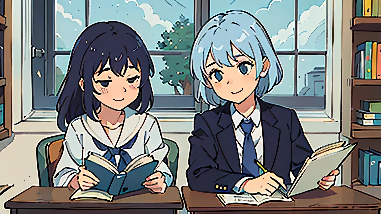 Create an anime-style image set in a bright and cozy library. The scene features two high school students, a boy and a girl, sitting side by side at a wooden desk. Both are wearing traditional Japanese high school uniforms—the boy is dressed in a white shirt with a tie and pants, while the girl is in a sailor-style outfit. They are sitting side by side with open books spread out on the desk in front of them, studying together. Both students are holding pens, writing something in their notebooks while looking at the books on the desk. They are smiling, enjoying each other's company, and the scene captures a warm, cheerful atmosphere. The view is from the front, showing their faces. The background includes large windows revealing a clear summer sky with vibrant blue colors, adding to the fresh and lively ambiance. The bookshelves filled with books emphasize the library setting.