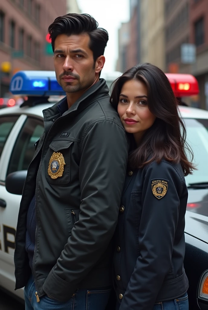 In the background, a Chicago police car. Leaning against it a man and a woman. The man taller than her. The man with Asian features and in his 30s, with a detective badge on casual clothes. The woman with American features, dark brown eyes and hair, slightly wavy hair.