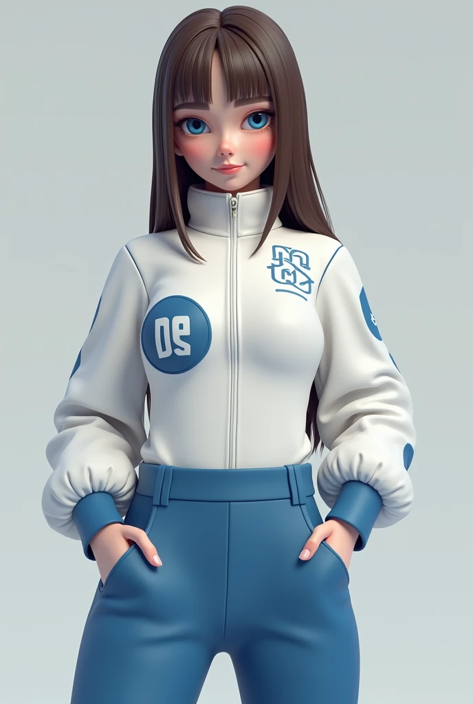 DS character, woman, style, 3d, with straight brown hair, blue eyes, clothes in white, blue colors, with the initials DS on the clothing, initials DS on adult clothing, full body, model, style des