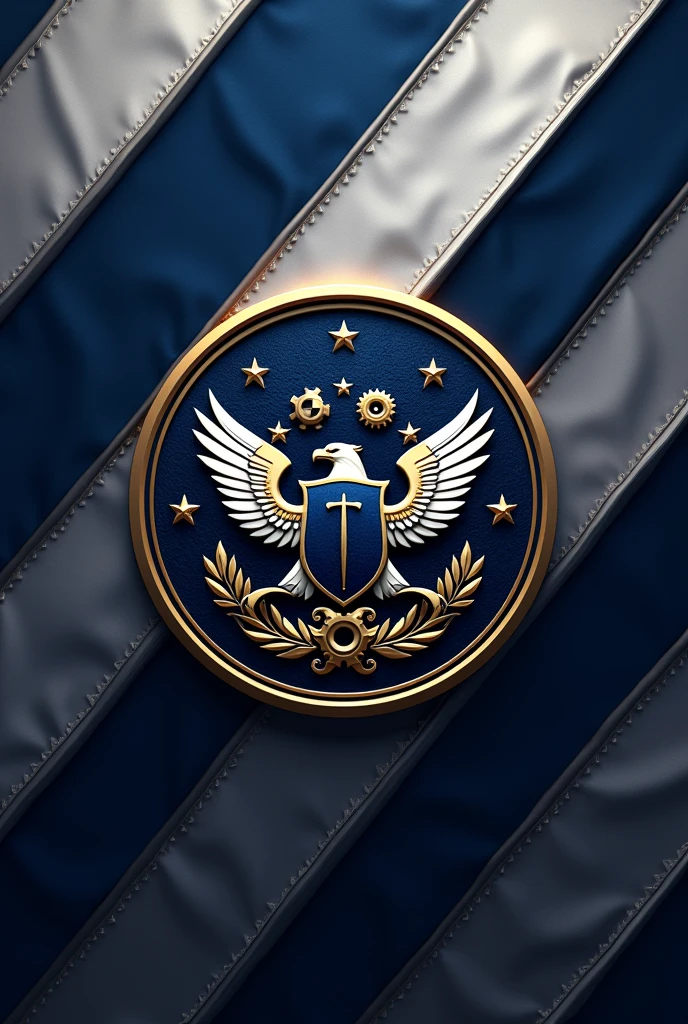 flag:
Flag Design Description:
Overall Shape: The flag is rectangular, with proportions of 3:2, ensuring that it’s visually balanced and suitable for both large displays and smaller representations.
Background Colors: The flag features a deep navy blue background, symbolizing stability and trust. A bold diagonal stripe runs from the top left to the bottom right, in a gradient from metallic silver to platinum, representing progress and cutting-edge technology.
Borders: The flag is bordered by a double trim. The inner border is a rich gold, symbolizing wealth and prosperity, while the outer border is a thin black line, adding a touch of formality and sophistication.
Corporate Emblem Placement: At the center of the flag is the corporate emblem. It is encased within an intricate circular frame, designed in gold and silver intertwining leaves and gears, symbolizing the fusion of nature and industry, growth, and precision.
Corporate Emblem Design:
Central Symbol: At the heart of the emblem is a stylized shield, divided into four quadrants:
Top Left Quadrant: A powerful eagle with its wings spread wide, symbolizing strength and vision.
Top Right Quadrant: An intricate gear and hammer crossed, representing industrial prowess and hard work.
Bottom Left Quadrant: A world globe with a digital grid overlay, symbolizing global reach and technological advancement.
Bottom Right Quadrant: A laurel wreath encircling a torch, signifying victory, honor, and enlightenment.
Surrounding Elements: Encircling the shield are twelve stars, each representing the core values of the corporation, evenly spaced within the circular frame.
Motto Banner: Below the emblem, a flowing banner in platinum color displays the company’s motto in an elegant serif font. The text is in black, providing a sharp contrast and ensuring legibility.
Additional Details: Subtle, ornate filigree patterns in silver weave through the background behind the emblem, adding depth and texture to the design without ove