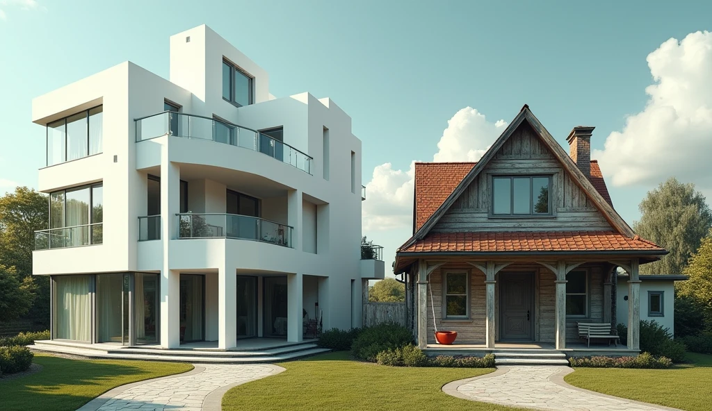 (Image of two houses, a luxurious, but cold, and another simple one, mas aconchegante