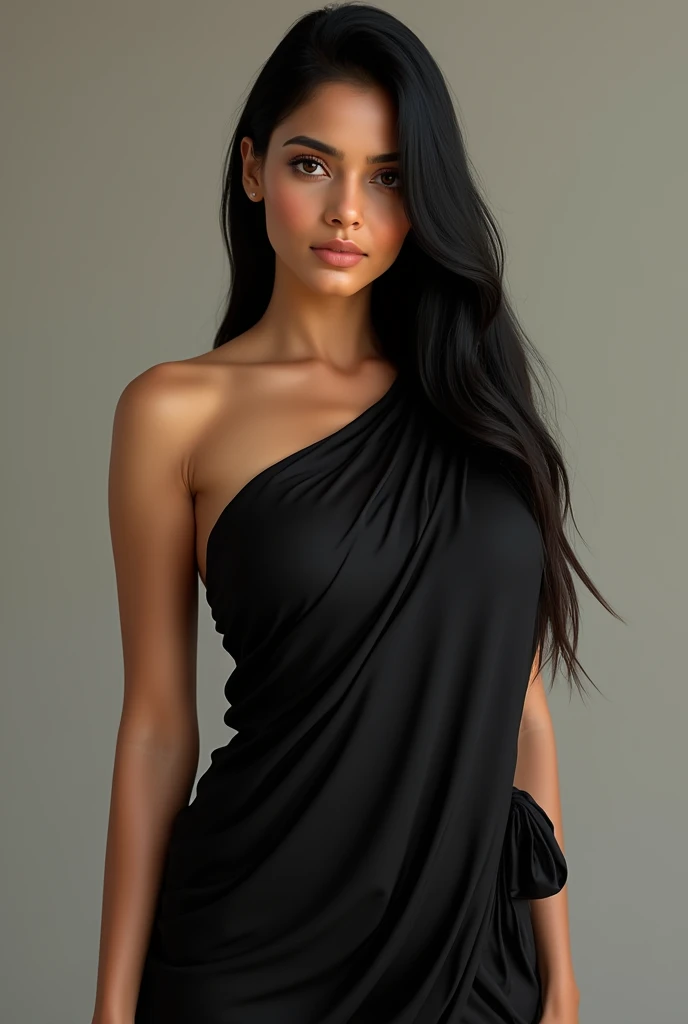 (photorealism:1.2), beautiful Indian woman,black saree , straight hair, big boobs , white toned