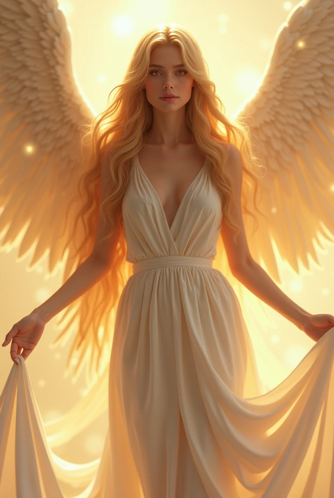 angel, cabellos largos dorados, like a river of light , deep reddish yellow eyes,white flowing dress, with an aura of calm that inspires confidence and peace
