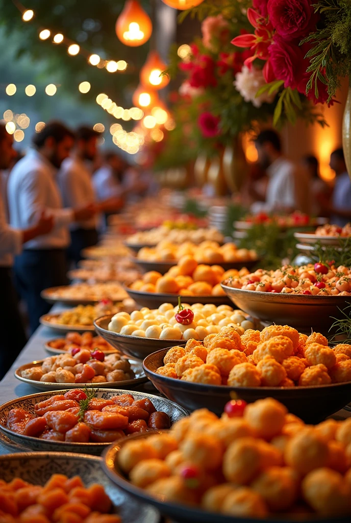 Create an image with the following information: 
Layout and facade of a party buffet.