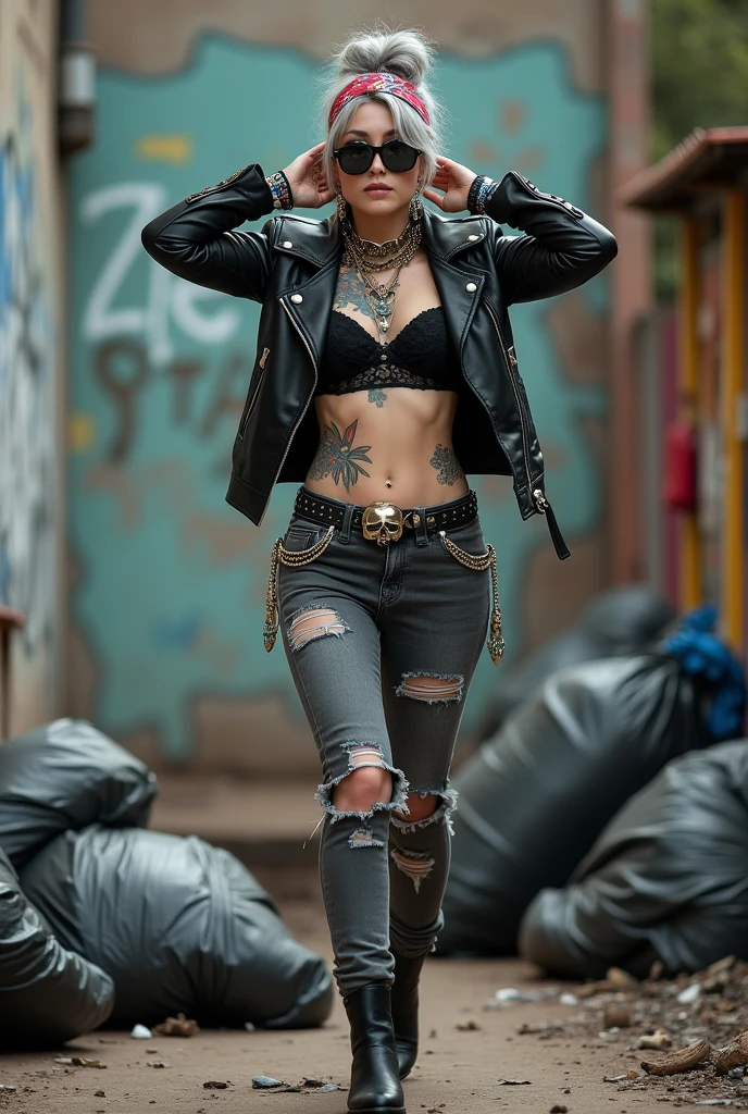 Two russian old milf women, grey hair (bougfant, top bun) and oversized square sunglasses and wide colourful bandana as headband), with very light green eyes, extremely pale. Big lips. No tan. Wearing aged black moto jacket (zippers on the side, skull and bones pins). Black lace push up bra, silicone breast,, dark skinny low rise grey jeans with holes on knees ( patched with colourful fabric). Black pointy leather Chelsea boots with cuban heels. Lots of thick wide studded bracelets, chain collars and big rings. Tacky wide studded leather belt with big skull and bones oval buckle. Long earrings with chains and feathers. Walking with her hands up touching her hair, stretching her neck, craving., Neck, chest, stomach and wrists heavily tattoed. Toned abdominals, thin neck, slim legs and thin arms. Narrow hips and slim legs. Graffitied wall behind, waste on the groun and piled garbage bags around
