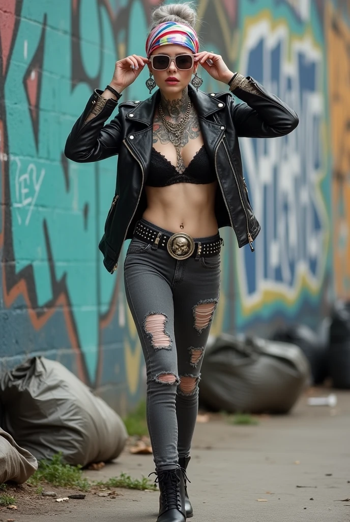 Two russian old milf women, grey hair (bougfant, top bun) and oversized square sunglasses and wide colourful bandana as headband), with very light green eyes, extremely pale. Big lips. No tan. Wearing aged black moto jacket (zippers on the side, skull and bones pins). Black lace push up bra, silicone breast,, dark skinny low rise grey jeans with holes on knees ( patched with colourful fabric). Black pointy leather Chelsea boots with cuban heels. Lots of thick wide studded bracelets, chain collars and big rings. Tacky wide studded leather belt with big skull and bones oval buckle. Long earrings with chains and feathers. Walking with her hands up touching her hair, stretching her neck, craving., Neck, chest, stomach and wrists heavily tattoed. Toned abdominals, thin neck, slim legs and thin arms. Narrow hips and slim legs. Graffitied wall behind, waste on the groun and piled garbage bags around