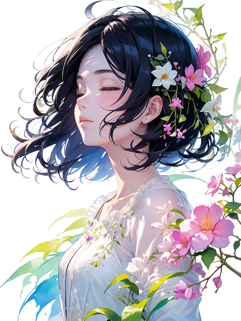 (masterpiece、Highest quality、Highest quality、Beautiful and beautiful:1.2)、Excellent anatomy、(Watercolor painting 1.5)、Long Shot、straight short hair images、Trendy Hair Color, Beautiful Face、Beautiful profile, Looking up to the sky, I close my eyes and pray, Fairy, 蝶のFairyのコスチューム、Pure white、Pure、charm, Colorful flowers of different colors, Flower and leaf wind、Botanical Art,