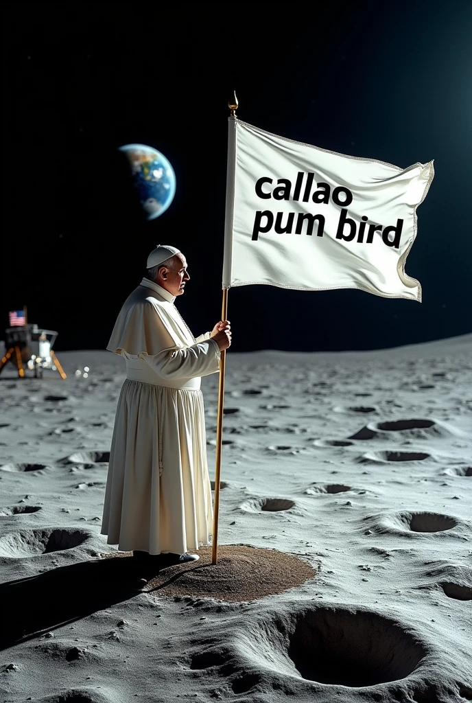 A realistic photo of Pope Francis, on the moon with a white flag that says: 
"CALLAO PUM BIRD", that same text