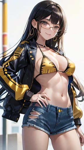 Honor student,Beautiful black hair,long hair,(Straight Hair),high school girl,(boyish),Dark Eyes,Muscular,tall,(Slim body),((A confident smile)),Medium Bust,Yellow biker jacket,(Patterned bikini:1.3),(High cut denim shorts:1.4),Gold bracelet,Gold earrings,Red Glasses