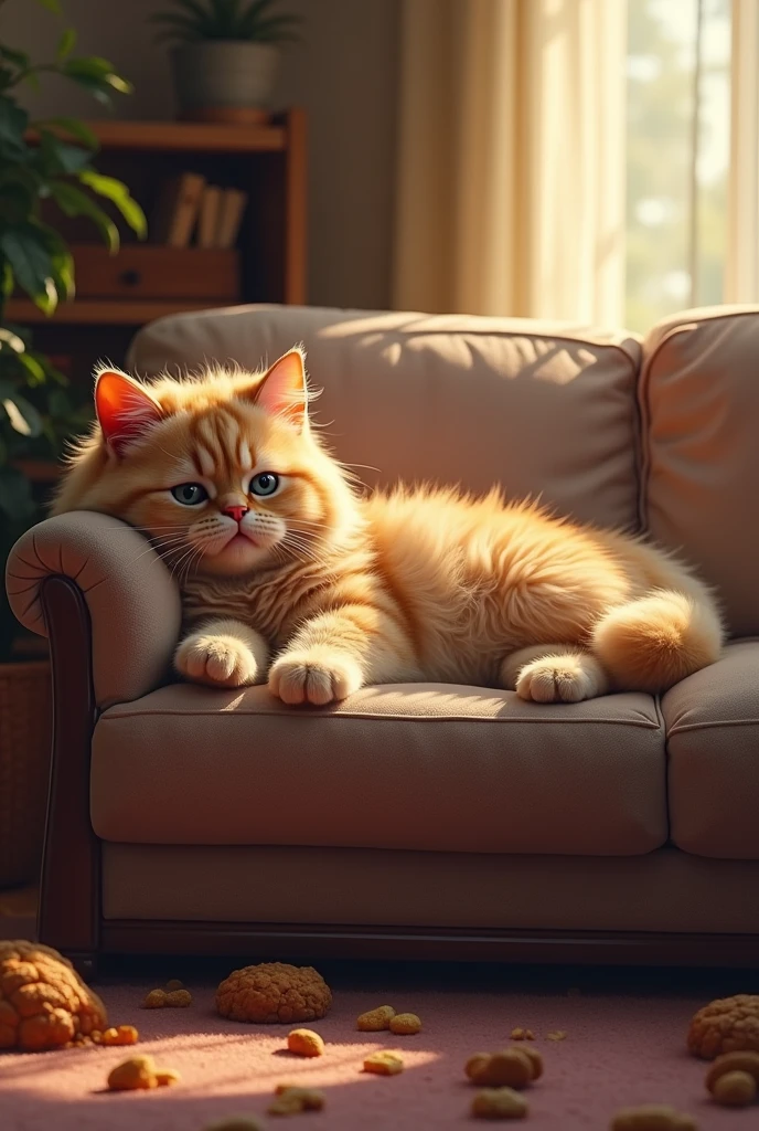 A wide shot of a cozy living room with a large, fluffy Rosette cat lounging on a plush couch, surrounded by snacks. The cat looks content but slightly sad.