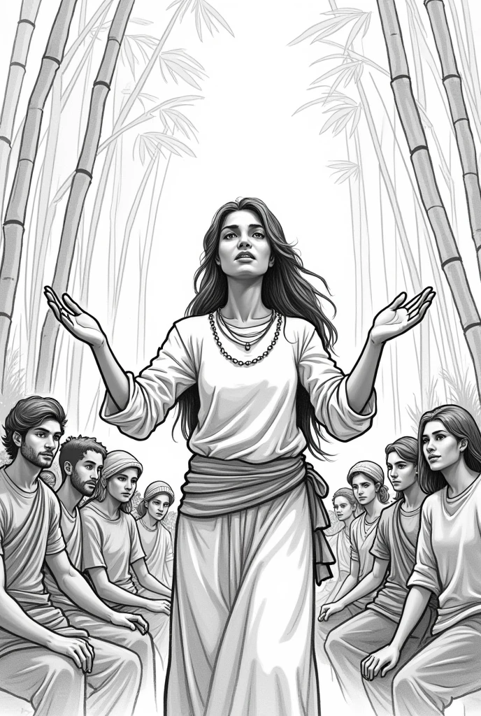 Here is a comic strip adaptation of "The Magical Bamboo Grove":

[Illustration of Leela inspiring the villagers to adopt sustainable practices]

Leela: "Let's find a way to live in harmony with nature!"
Pencil drawing 
