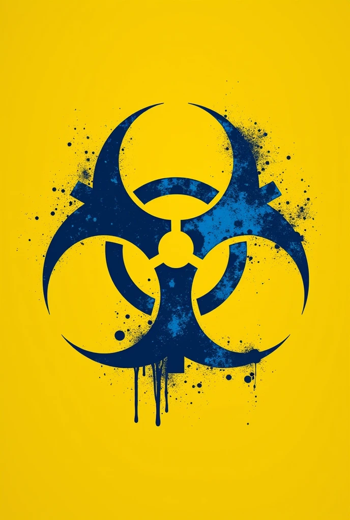 crea un logo para marca de ropa con este símbolo☣️ con el  logo azul y el fondo amarillo
con estilo deteriorado, bloody apocalyptic