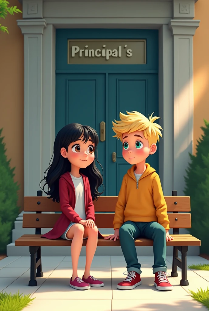 A girl with black hair, Dora bangs légèrement frisé and brown eyes sits on a bench in front of a principal's office with a blond boy, turquoise eyes. They are young universitaire. And they are not très proche. Beautiful version but 2D pixar