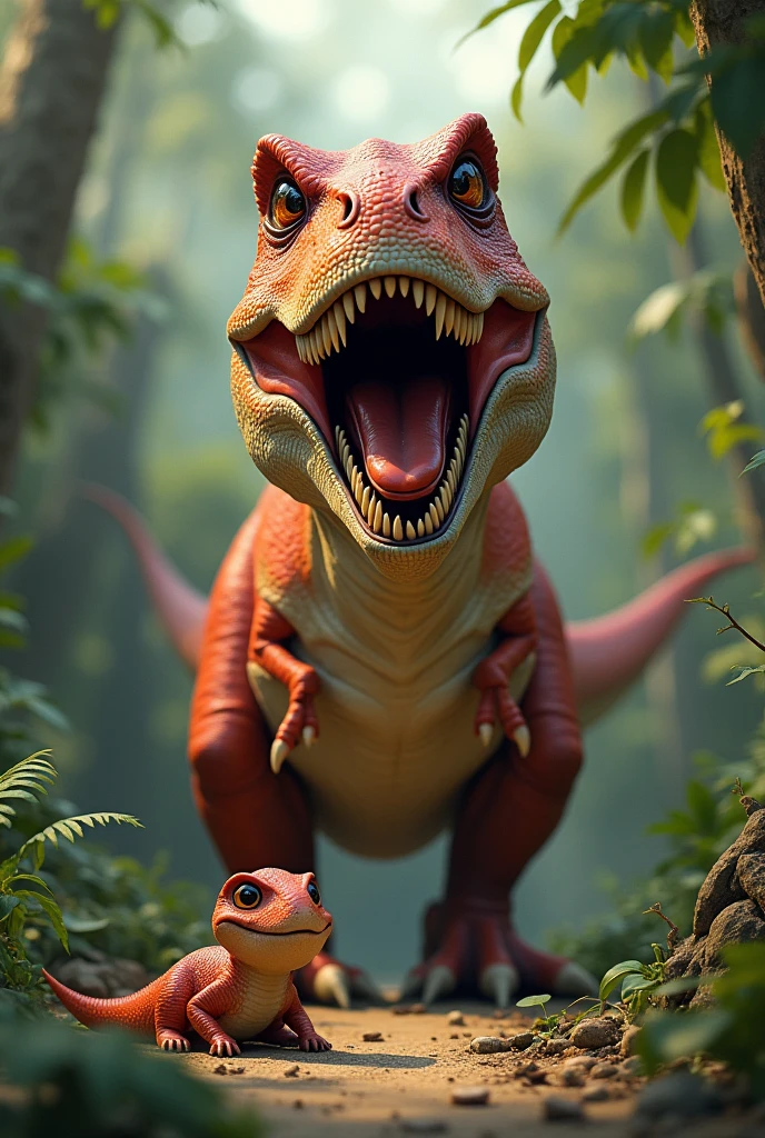 The big fat dinosaur (Rex) is laughing while the smaller, weaker dinosaur (Tiny) has a sad expression. The worm (Wormy) is watching in the background.