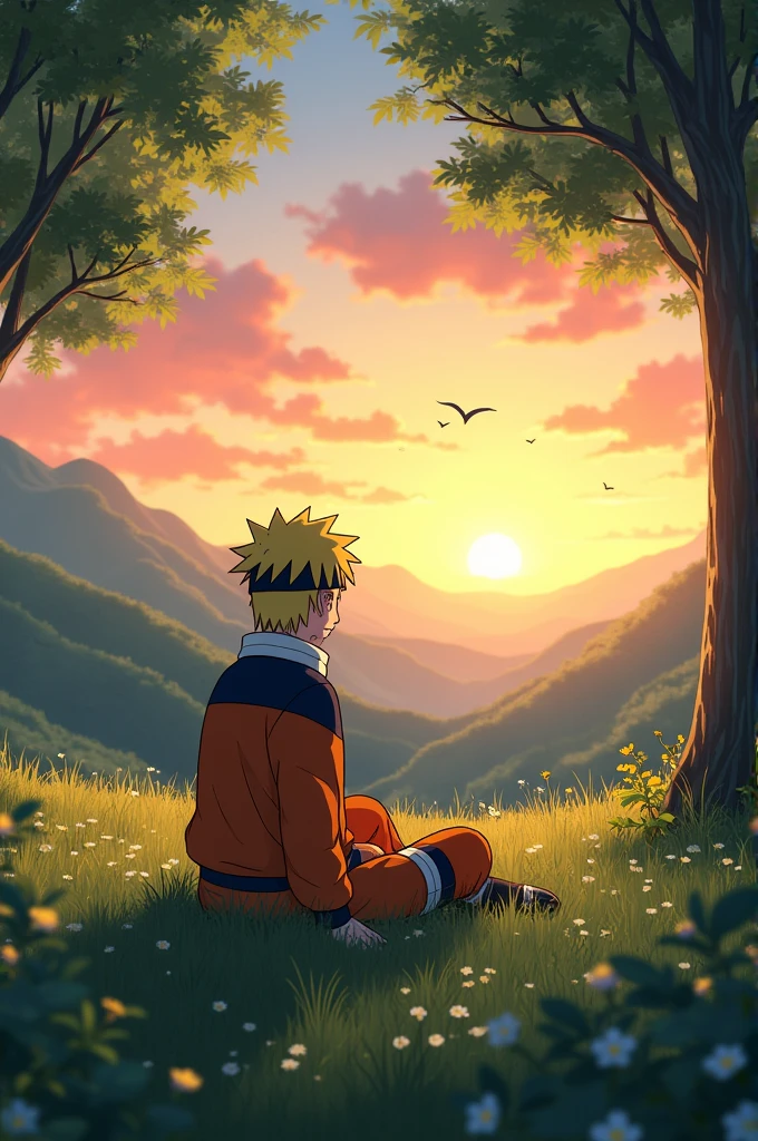 Naruto sitting in the beautiful nature and sun was setting up