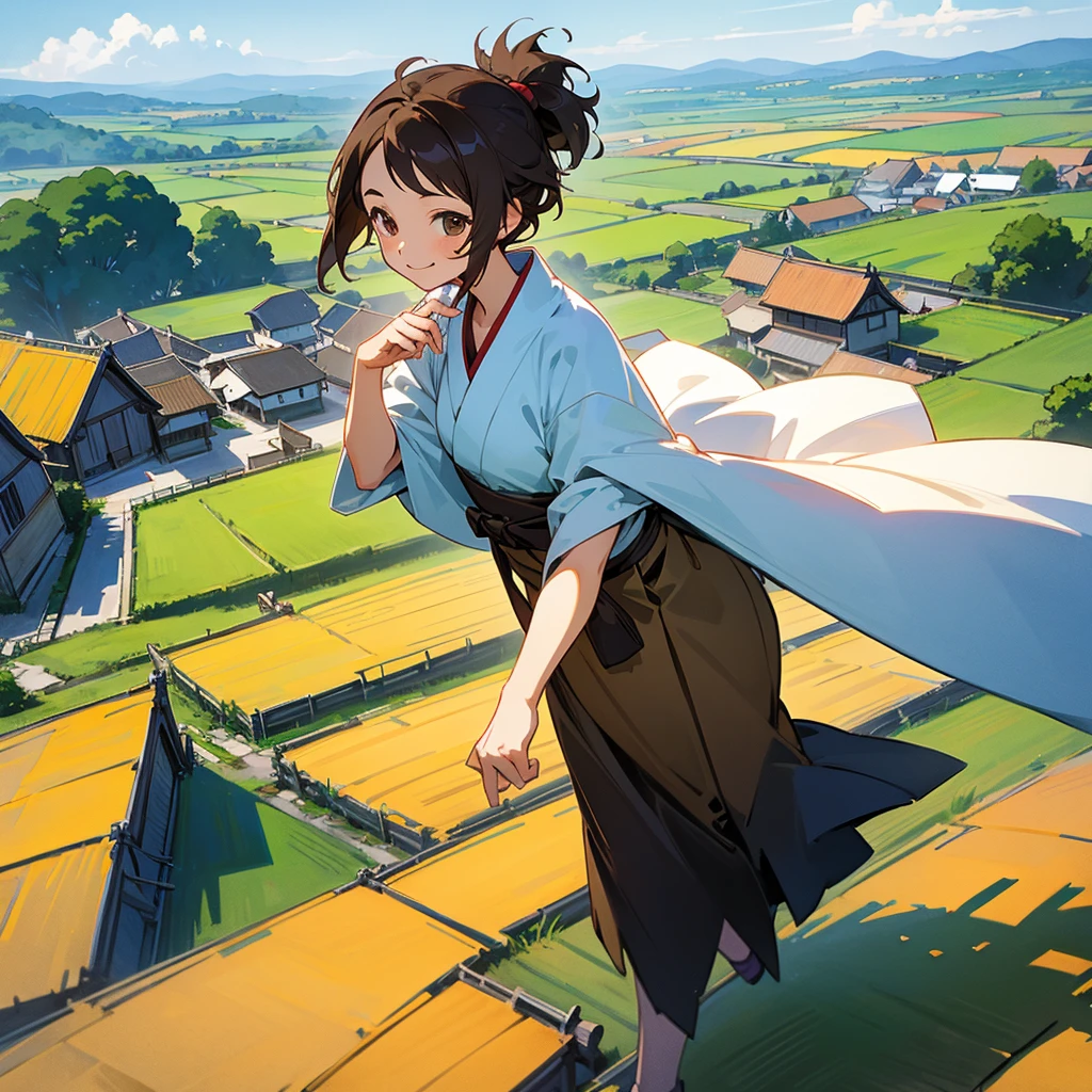 1girl, Solo, High Resolution, Smile, Short Hair, Brown Hair, Anime, Digital Art, Japanese Illustration Style, Best Quality, countryside village, daytime, summertime