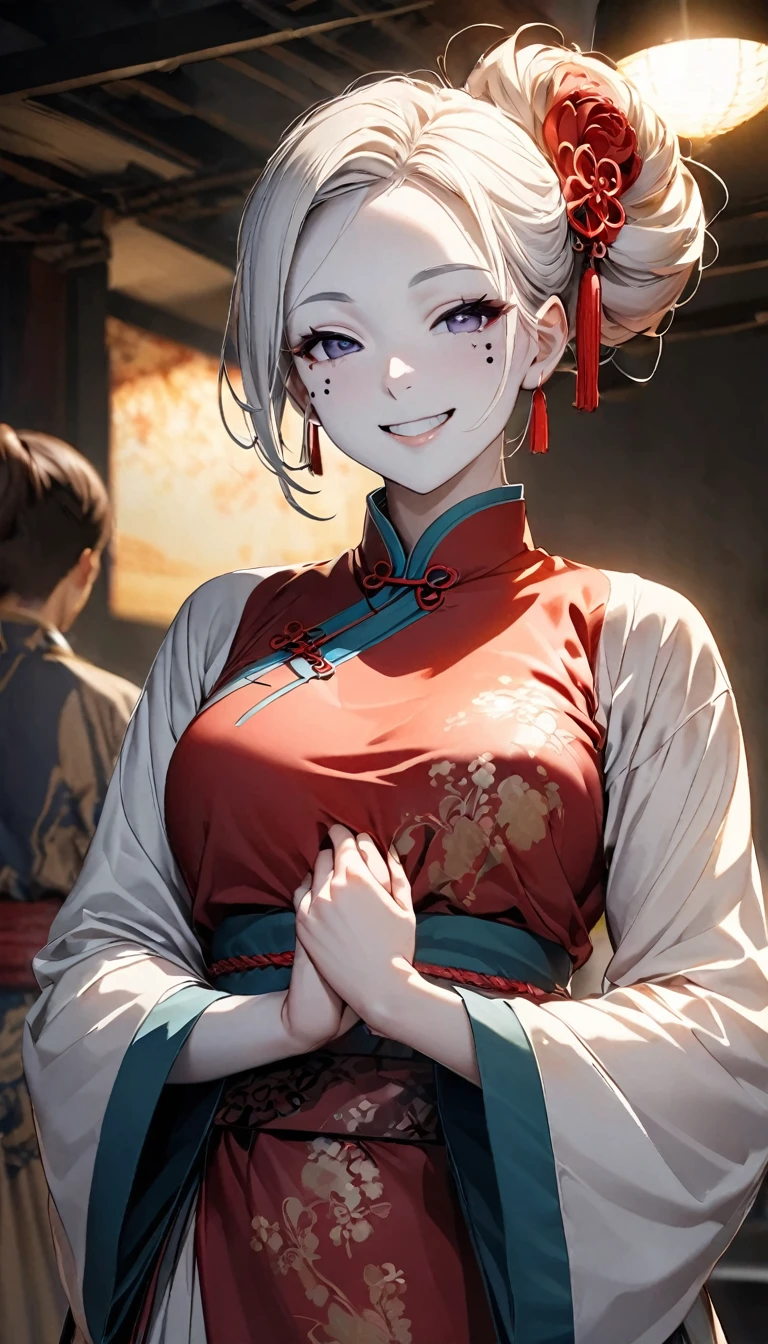 (High resolution photos, bust, 1 person, 2, woman, Facial details, Baby fat, Waist Accessories, Hand in hand, smile, Teeth are not very visible, White skin, Upper Body, Chinese traditional clothing, Model pose, Studio Lighting)