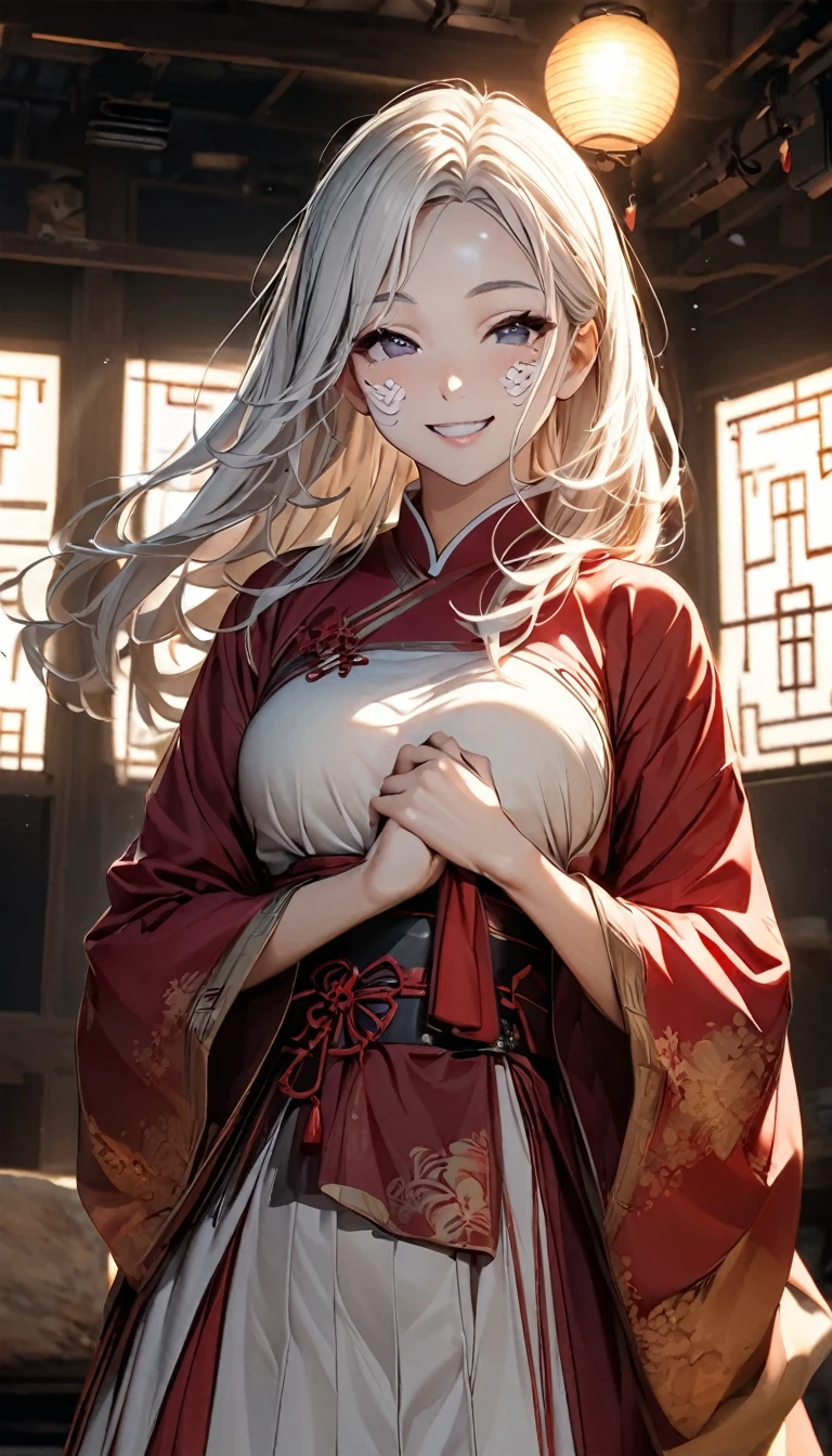 (High resolution photos, bust, 1 person, 2, woman, Facial details, Baby fat, Waist Accessories, Hand in hand, smile, Teeth are not very visible, White skin, Upper Body, Chinese traditional clothing, Model pose, Studio Lighting)