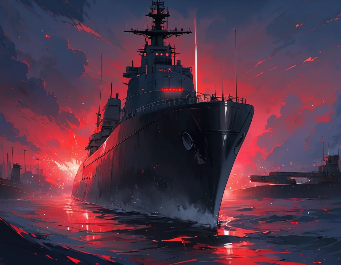 masterpiece, scene, dark deep sea with no sealife, modern military submarine, glowing red lights on the tip of the stern, dystopian, dark, grey,