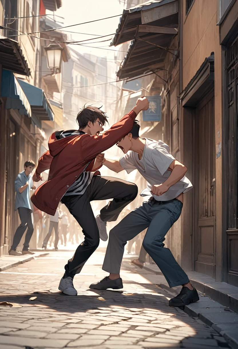 two boys fighting in the street, street fight 