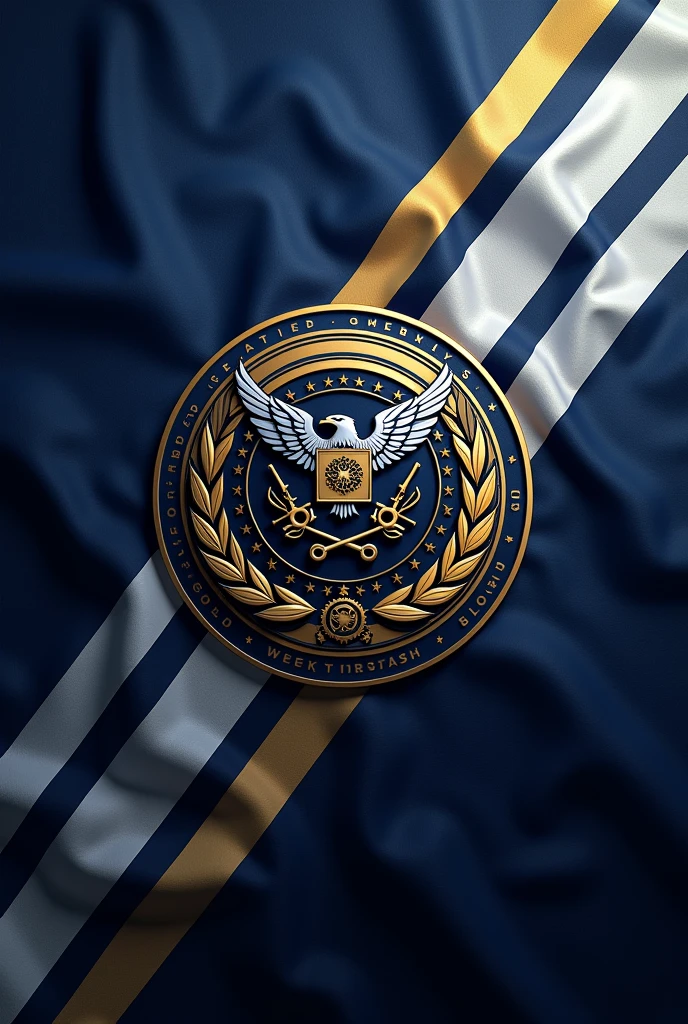 flag:
Flag Design Description:
Overall Shape: The flag is rectangular, with proportions of 3:2, ensuring that it’s visually balanced and suitable for both large displays and smaller representations.
Background Colors: The flag features a deep navy blue background, symbolizing stability and trust. A bold diagonal stripe runs from the top left to the bottom right, in a gradient from metallic silver to platinum, representing progress and cutting-edge technology.
Borders: The flag is bordered by a double trim. The inner border is a rich gold, symbolizing wealth and prosperity, while the outer border is a thin black line, adding a touch of formality and sophistication.
Corporate Emblem Placement: At the center of the flag is the corporate emblem. It is encased within an intricate circular frame, designed in gold and silver intertwining leaves and gears, symbolizing the fusion of nature and industry, growth, and precision.
Corporate Emblem Design:
Central Symbol: At the heart of the emblem is a stylized shield, divided into four quadrants:
Top Left Quadrant: A powerful eagle with its wings spread wide, symbolizing strength and vision.
Top Right Quadrant: An intricate gear and hammer crossed, representing industrial prowess and hard work.
Bottom Left Quadrant: A world globe with a digital grid overlay, symbolizing global reach and technological advancement.
Bottom Right Quadrant: A laurel wreath encircling a torch, signifying victory, honor, and enlightenment.
Surrounding Elements: Encircling the shield are twelve stars, each representing the core values of the corporation, evenly spaced within the circular frame.
Motto Banner: Below the emblem, a flowing banner in platinum color displays the company’s motto in an elegant serif font. The text is in black, providing a sharp contrast and ensuring legibility.
Additional Details: Subtle, ornate filigree patterns in silver weave through the background behind the emblem, adding depth and texture to the design without ove