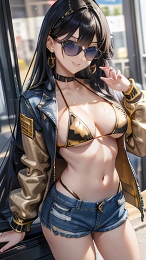 Honor student,Beautiful black hair,long hair,(Straight Hair),high school girl,(boyish),Dark Eyes,Muscular,tall,(Slim body),((A confident smile)),Medium Bust,Yellow biker jacket,(Gold Bikini:1.3),(High cut denim shorts:1.4),Gold bracelet,Gold earrings,sunglasses