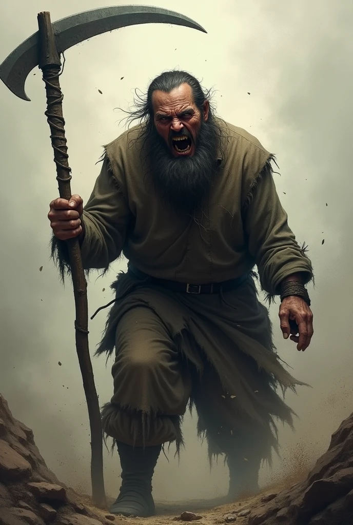 Create for me a man standing with a sickle in his hand, his face distraught and his mouth foaming with rage.