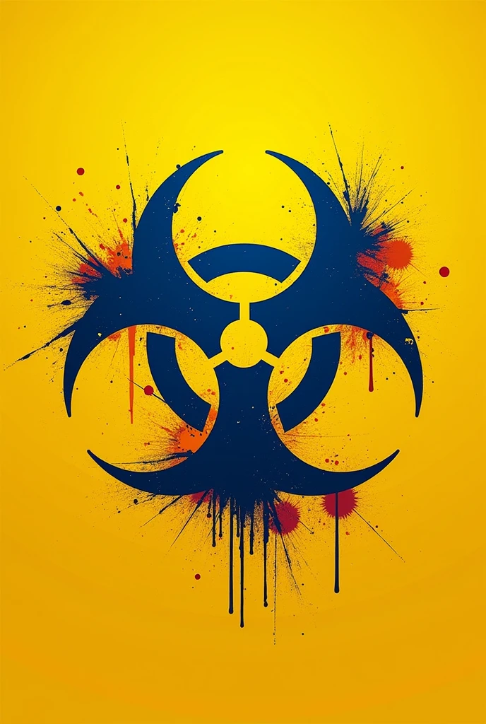 crea un logo para marca de ropa con este símbolo☣️ con el  logo azul y el fondo amarillo
con estilo deteriorado, apocalyptic with red blood 
