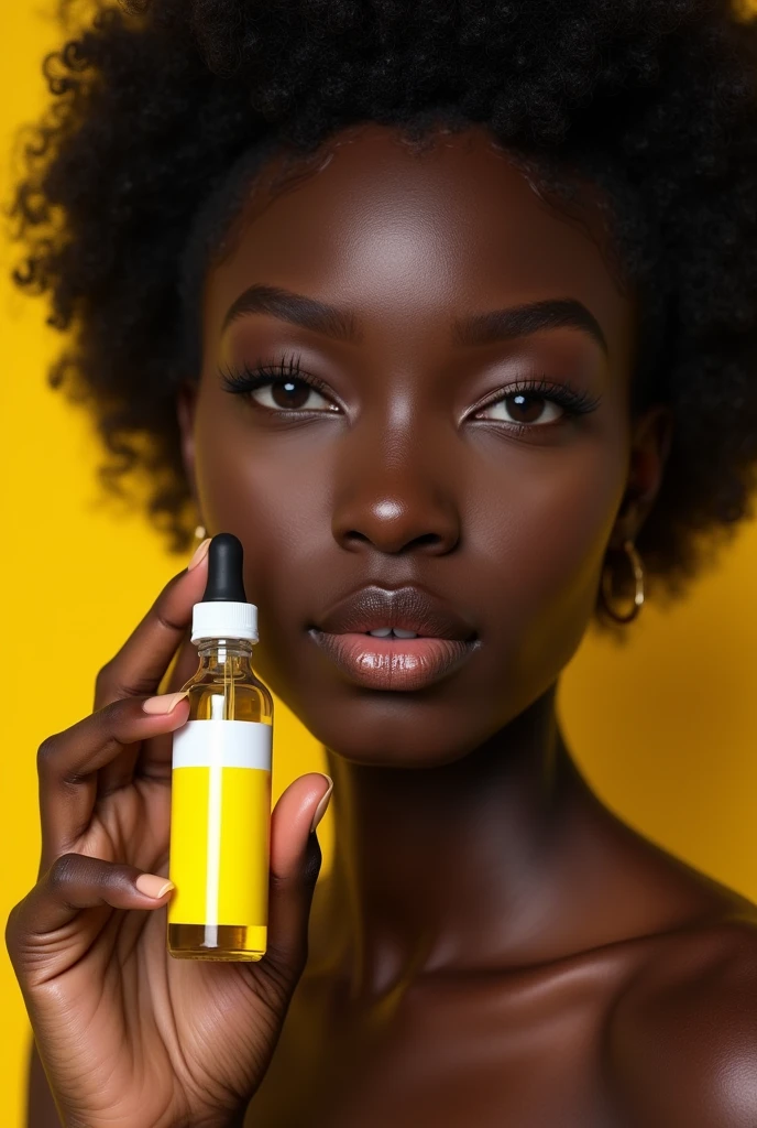 Une femme très belle et noire africaine. Ultra réaliste, qui tient un sérum de 150 ml de couleur jaune avec une étiquette blanche