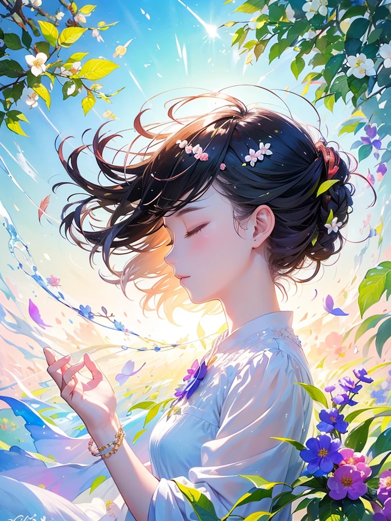 (masterpiece、Highest quality、Highest quality、Beautiful and beautiful:1.2)、Excellent anatomy、(Watercolor painting 1.5)、Long Shot、straight short hair images、Trendy Hair Color, Beautiful Face、Beautiful profile, Looking up to the sky, I close my eyes and pray, Fairy, 蝶のFairyのコスチューム、Pure white、Pure、charm, Colorful flowers of different colors, Flower and leaf wind、Botanical Art,