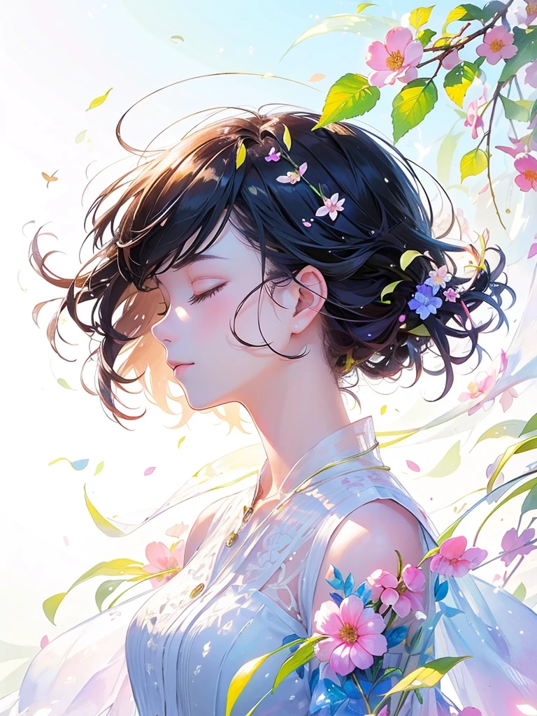 (masterpiece、Highest quality、Highest quality、Beautiful and beautiful:1.2)、Excellent anatomy、（Watercolor painting 1.5）、Long Shot、straight short hair images、Trendy Hair Color, Beautiful Face、Beautiful profile, Looking up to the sky, I close my eyes and pray, Fairy, 蝶のFairyのコスチューム、Pure white、Pure、charm, Colorful flowers of different colors, Flower and leaf wind、Botanical Art,