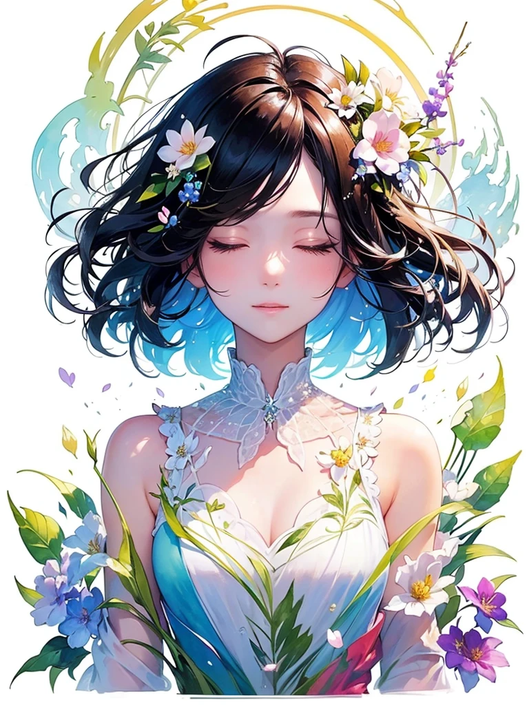 (masterpiece、Highest quality、Highest quality、Beautiful and beautiful:1.2)、Excellent anatomy、（Watercolor painting 1.5）、Long Shot、straight short hair images、Trendy Hair Color, Beautiful Face、Beautiful profile, Looking up to the sky, I close my eyes and pray, Fairy, 蝶のFairyのコスチューム、Pure white、Pure、charm, Colorful flowers of different colors, Flower and leaf wind、Botanical Art,