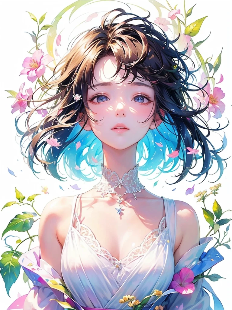 (masterpiece、Highest quality、Highest quality、Beautiful and beautiful:1.2)、Excellent anatomy、（Watercolor painting 1.5）、Long Shot、straight short hair images、Trendy Hair Color, Beautiful Face、Beautiful profile, Looking up to the sky, I close my eyes and pray, Fairy, 蝶のFairyのコスチューム、Pure white、Pure、charm, Colorful flowers of different colors, Flower and leaf wind、Botanical Art,