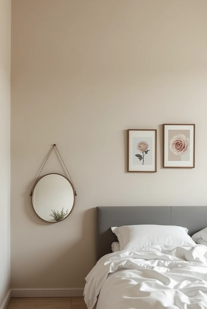 A room with beige walls, the grey bed. A floating mirror next to the bed on the same wall where the headboard is attached, above the headboard some pictures of nude-colored roses without windows and the camera on one side is attached to the wall