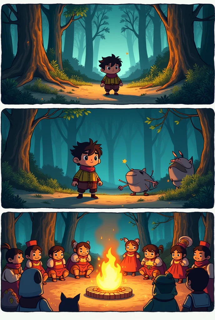 I would like you to create comics (parted, hq-style) with the following script:
Party in the Middle of the Woods First comic strip: *Macunaima caminha pela floresta densa, with tall trees around. His expression is mischievous, and he seems lost in thought. Animals lurk between the trees, Curious onlookers.*
(Comic caption: Macunaima vagava pela floresta, looking for something to scare away the boredom that was consuming him.)
Second comic strip: *Macunaima lembra da noite anterior, where he played with Sofará. Your hands seem to feel the touches of that moment, bringing a slight smile to your face. You can have the character look at his hands and smile.*
(Comic caption: The memory of the previous night with Sofará was still fresh in his mind..)
Third comic strip: *As you continue your walk, Macunaima encontra um grupo de pessoas ao redor de uma fogueira. Every person is different, with clothese, distinct features and customs. The bonfire burns brightly, while they cook and chat animatedly*
(Pensamento de Macunaima(inside a thought bubble): What a lively people! These people seem to have something to pass my time.)
Fourth comic strip: *The party around the bonfire intensifies. People dance in a diverse and vibrant way, each with their own unique movements. Macunaima se junta a elas, rindo e se divertindo, as if he were a child*
(Comic caption: Infected by the energy of the group, Macunaima se entregou à dança e à alegria.)
Fifth comic strip: *Macunaima, with a mischievous expression, approaches the fire. He throws sparks into the air with a quick gesture. Sparks turn into colorful fireworks, lighting up the night sky with different colors and shapes*
(Pensamento de Macunaima (inside a thought bubble): These sparks... Each one is different, but together they form a beautiful art.)
Sixth comic strip: The group around the campfire looks up at the sky, amazed by the light show. Macunaima observa o grupo, now d