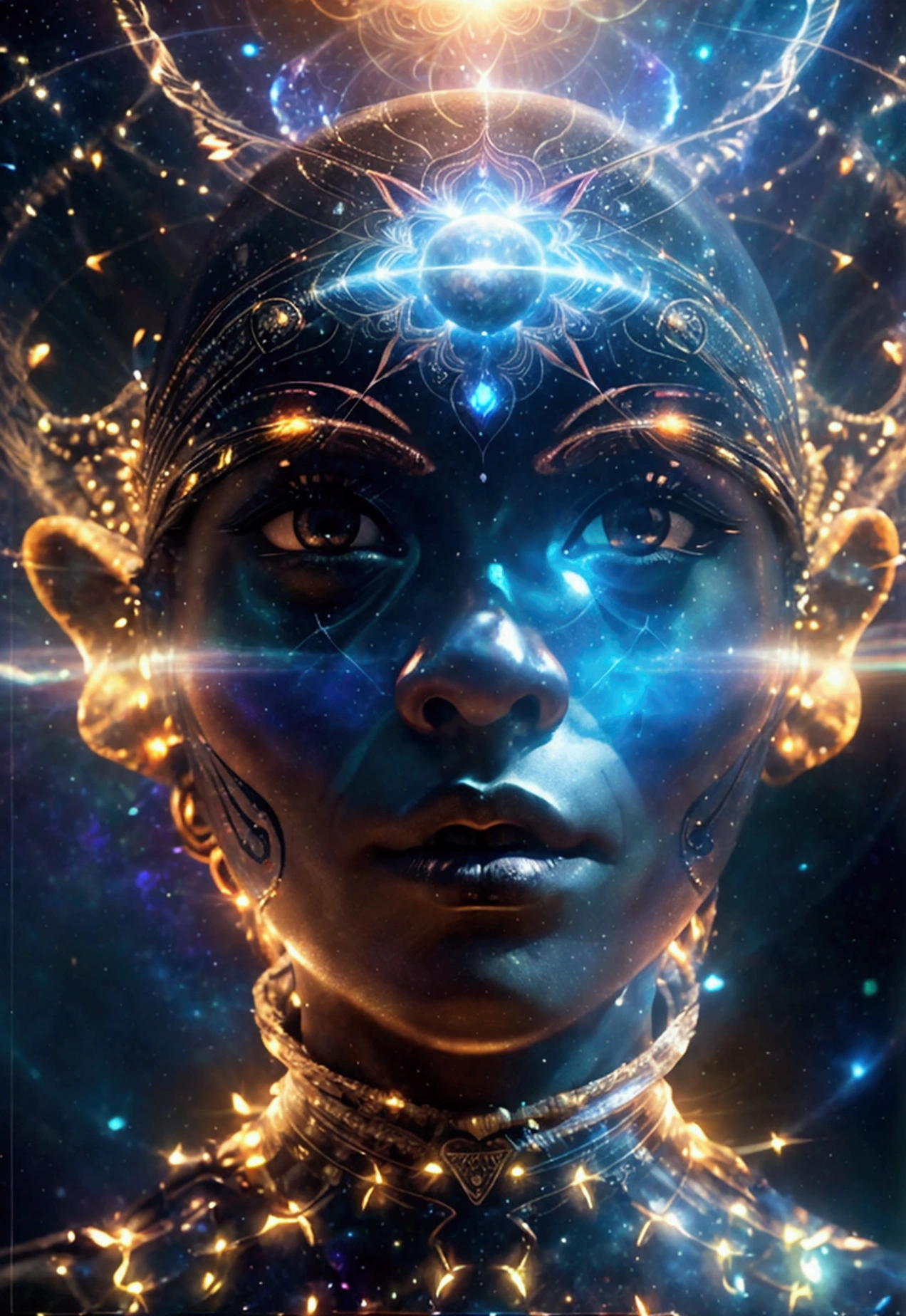 ultrarealistic and extremely detailed, Samuel Farrand like artwork, depicting an extradimensional entity constrained by ancient geometry, intricate and detailed mandala designs, symbols, life form in a solar or space type of feel and fused with the lights and darks of space, blackness, bright, complex and beautiful, surreal, all seeing, shaman, deity, glowing, superimposed images of these realistic 4D physical life forms, lighting effects, higher elevation, space spirit, instinctual, velocity, lucid dream, sacred spirit, 3rd eye illumination, perspective