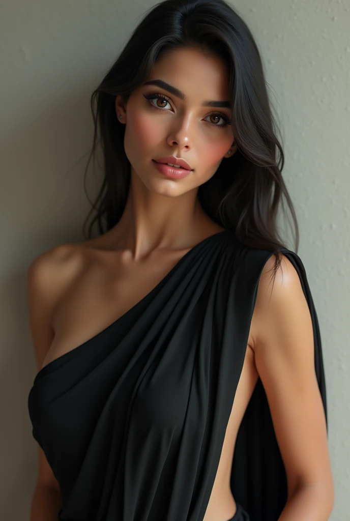 (photorealism:1.2), beautiful Indian woman,black saree , straight hair, big boobs , white toned
