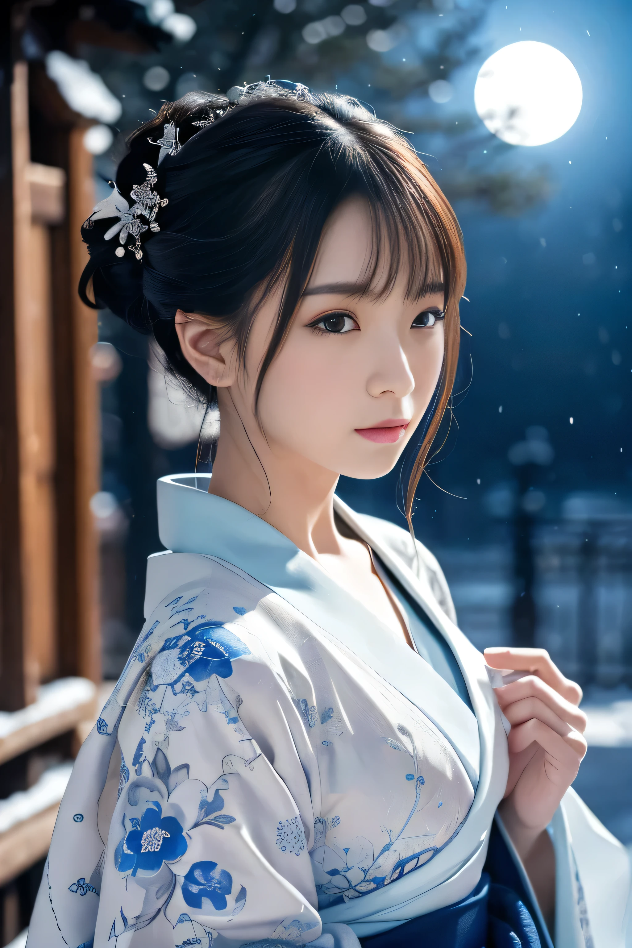 beautiful, Pale and elegant Japanese women, Porcelain skin and luxurious, Wearing a gorgeous blue kimono, white, silver. Her long, Her dark hair is pulled back into an intricate updo., Her delicate, Sophisticated features. She has a strange, A captivating gaze and a gentle, Elegant attitude.View Users, The background is lit by moonlight., Snow Scene, Increase the mystique of your characters, Otherworldly Beings. she "Snow Princess", A symbol of captivating beauty, force, and hidden depths.
