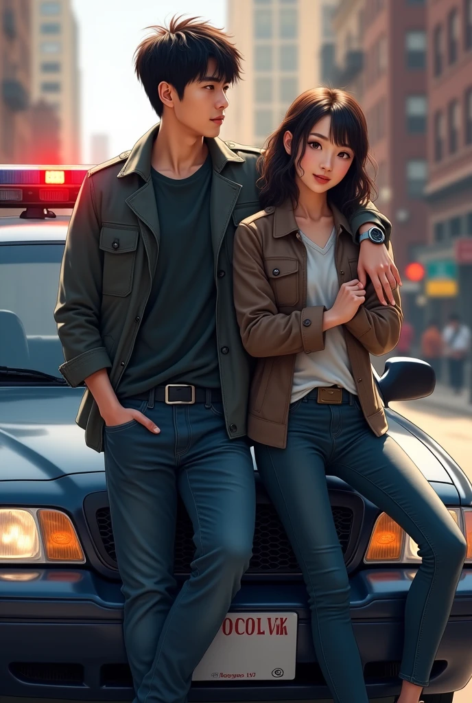 In the background, a Chicago police car. Leaning against it a man and a woman. The man taller than her. Korean man with detective badge in casual clothes. The American Woman, dark brown eyes and hair, slightly wavy hair. 