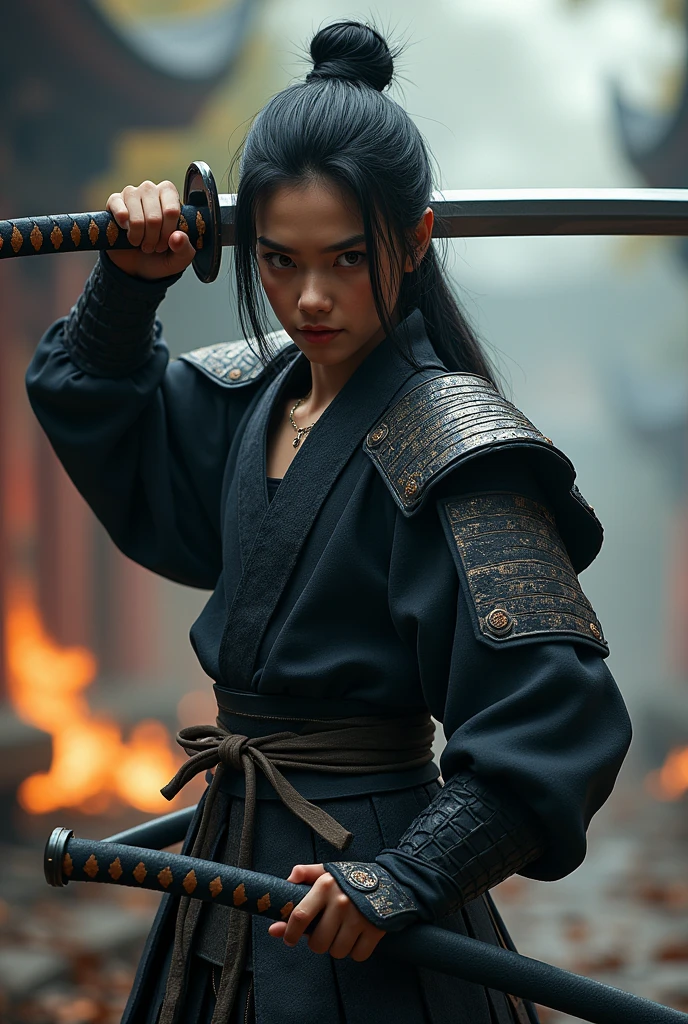 samurai warrior, ((masterpiece, highest quality, Highest image quality, High resolution, Raw photo, 8K)), ((Extremely detailed CG unified 8k wallpaper)), (huge stunning warrior shot, full body, musclural body beauty:1.4), black hair, black hair, nervous, Posing for the camera, In a warrior fighting stance, unkempt hair, a stern look, and dual swords, symbolizing his mastery of the dual-wielding technique. Pose: Holding both swords, one above his head and one in front, in a ready stance, showcasing his adaptability and readiness., photorealistic, 16k, 8k, 4K, award winning