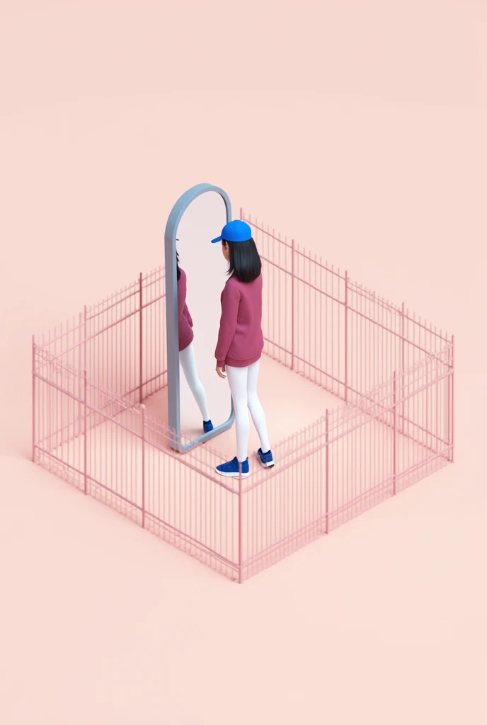 A small standing in corner ,bounded with fences ,light pink large area background, she is with dark pink sweater and white pant and blue shoes and cap on the head and looking herself in the mirror