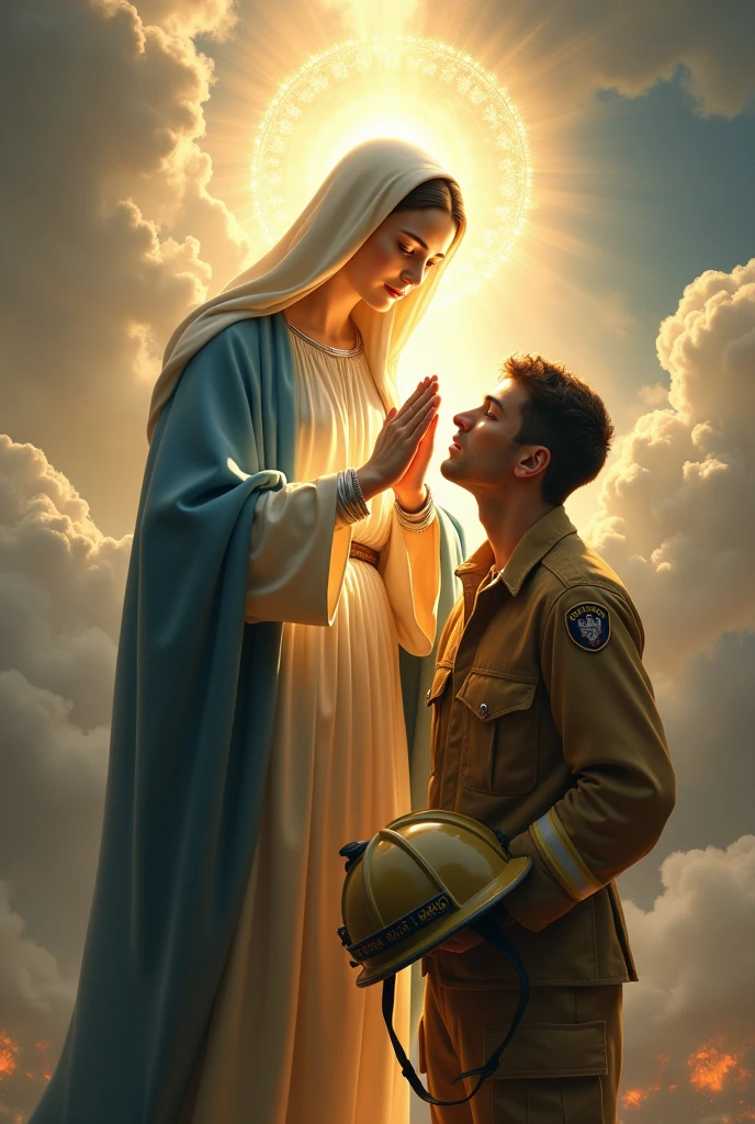 Saint Mary Mother of God blessing a firefighter with helmet in hand