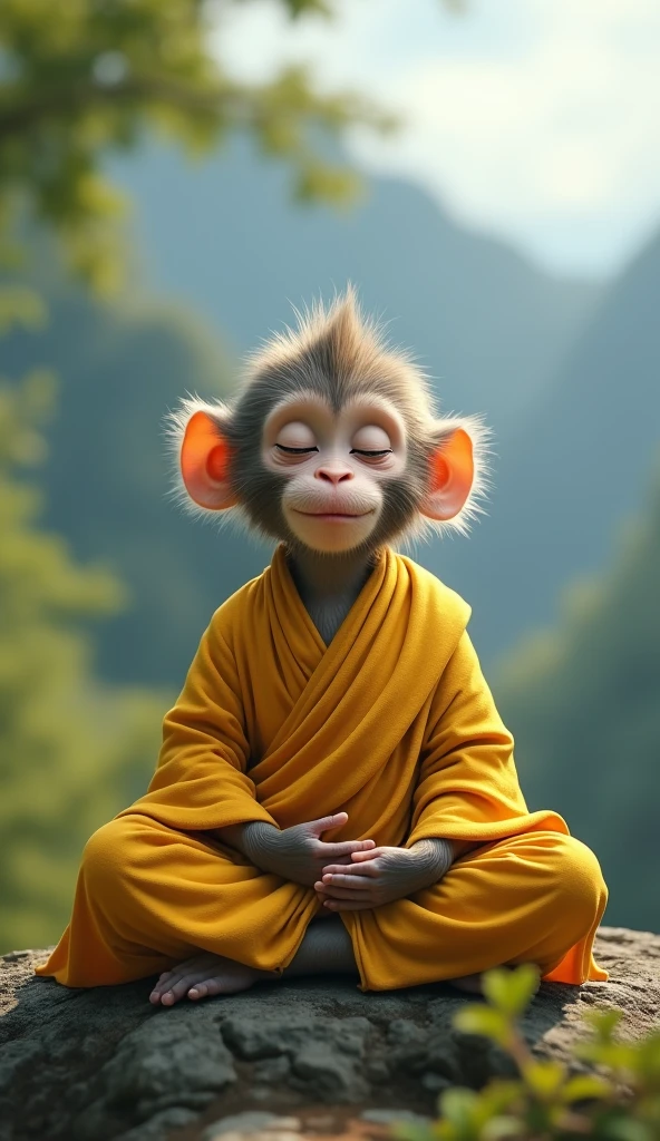 Young monkey meditate look like monk yellow shirt and smile